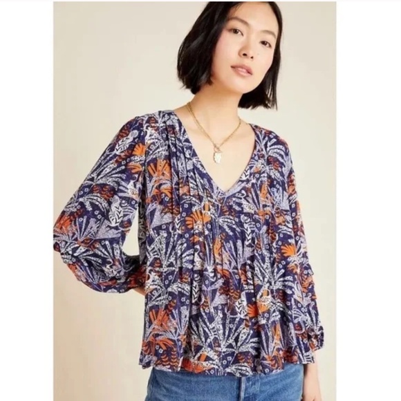 Maeve By Anthropologie Cathy Pleated Blouse with Blue and Orange Jungle Print XS - Picture 2 of 16